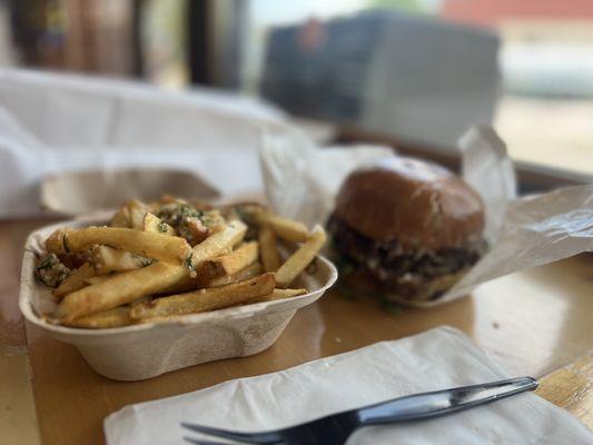 Mushroom and Swiss burger with Garlic Fries