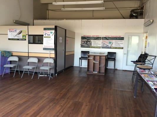 Spacious, clean waiting room for smog and auto registration