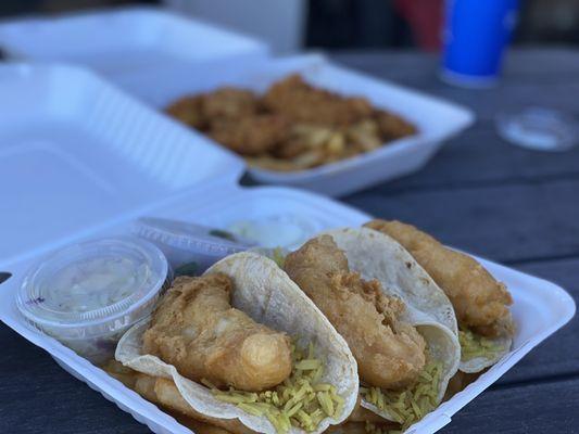 Fish Tacos (front), Chicken Bites (back)