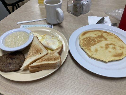 2 eggs, grits, toast and sausage with pancake added