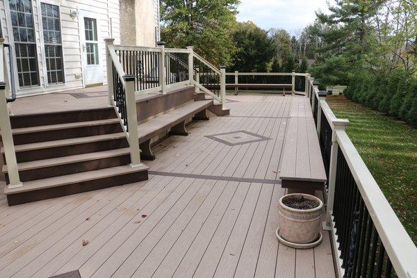 Azek Brownstone deck with Acacia border & inlays, custom benches, and low-voltage lighting - Chalfont PA