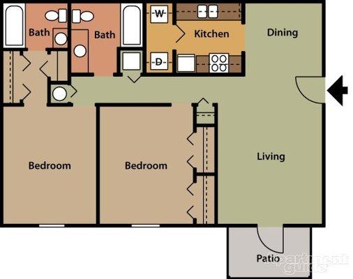 2 Bed, 2 Bath Floor Plan