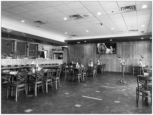 Indoor dine-in. It's spacious, neat and naturally well lit.