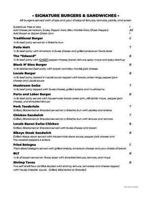 Locals Dinner Menu - Page 3 of 6 - Revised 04-25-20