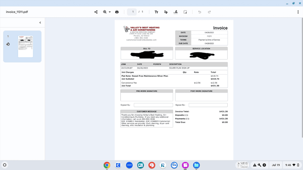 Invoice for +$400 "maintenance" plan which they didn't do for an entire year