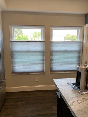 Double hung windows.  Blinds open from the top and the bottom.