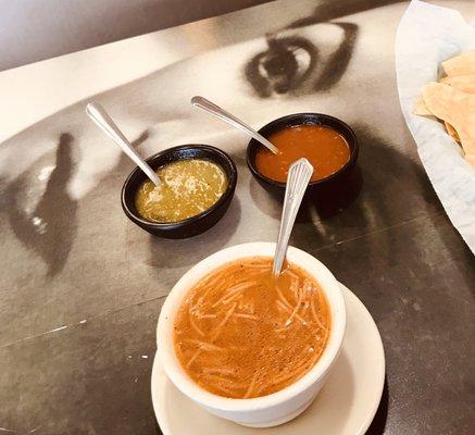 Complimentary sopa de Fideo Chips and salsas