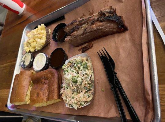 Brisket, Macaroni and Cheese, Broccoli Salad, Cornbread Slice with Honey Butter