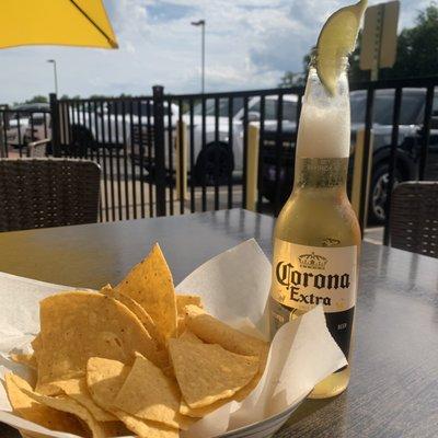 Chips and beer on the patio.