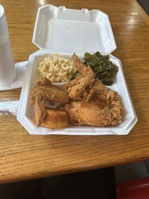 Fried chicken, collard greens, and macaroni and cheese