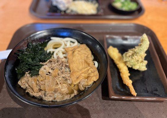 Niku Soup (with add-on Seaweed and Kitsune Tofu) + Shrimp and Broccoli Tempura