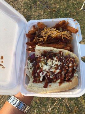 Hawaiian High Five sandwich (adobo pork w/ pineapple bacon slaw) and a side of chili cheese fries