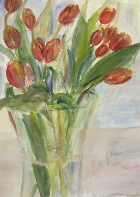 Red tulips in a vase. Flowers that last a life time. Watercolor matted and framed and ready to display.