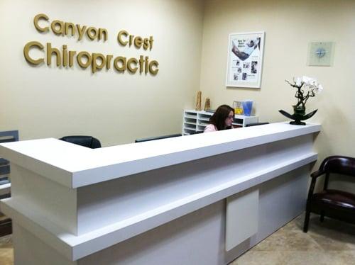 Receptionist area at Chiropractic Wellness Center in Canyon Crest. 5225 Canyon Crest Drive Suite 17 Riverside, California 92507