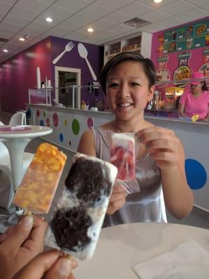 Mango+ chili pepper, Oreo, and strawberries and cream flavored popsicles