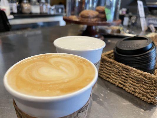 Lavender Oatmilk Latte and (Housemade Syrup) Caramel Steamer - housemade Churro Cookies in the background!