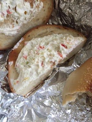 Bagel with veggie cream cheese.... Not that great.