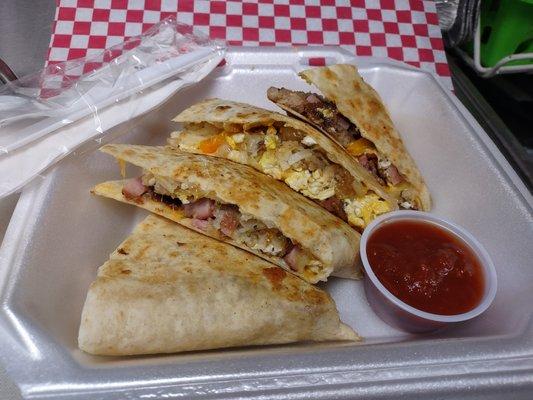 XL Breakfast Quesadilla
Ham, Sausage, Bacon, Egg and Cheese