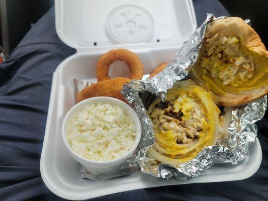 Tray - Double burger cookout style with slaw and onion rings. 3 trays with all 3 shake subs for less than $30.