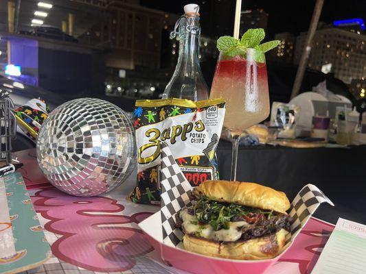 Magic Burger Special featuring a side of Zapp's Voodoo chips at Dovetail Bar