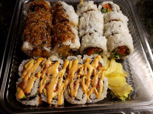 Tempura sweet potato, Buddah's Harvest and Spicy Tuna