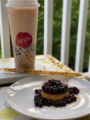 Boba Egg Pudding & Milk Tea with Boba & mini Taro Balls @tiffhuangry