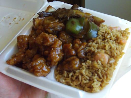 Sesame Chicken, Shrimp Fried rice, and Pepper Steak.