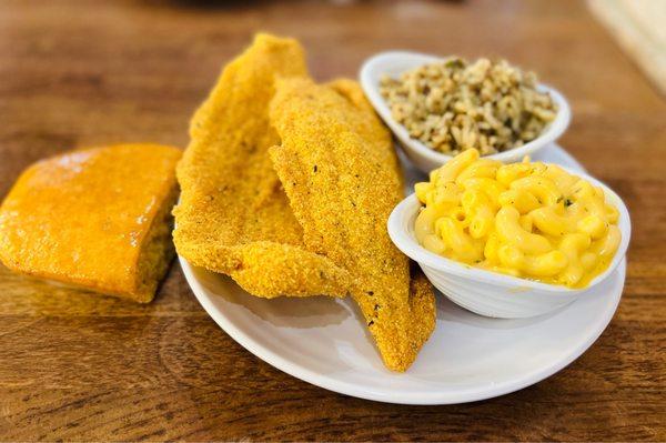 Entree: Fried Fish, dirty rice, Mac N Cheese, and cornbread