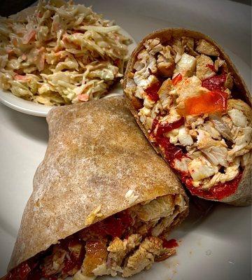 Chicken Caprese wrap with cole slaw