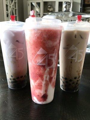 Taro, strawberry cloud, brown sugar boba