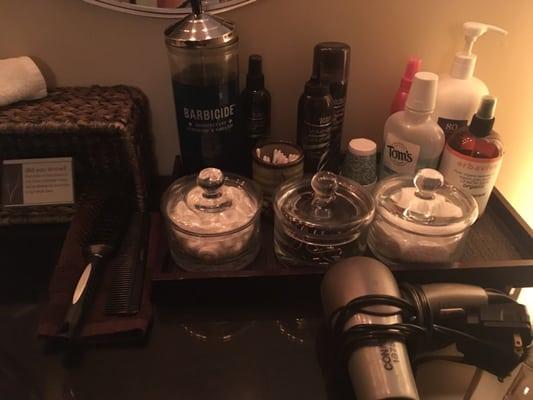 Items offered in the "powder room" area. Not sure what to call the area since it's not in a private room. Again great products!