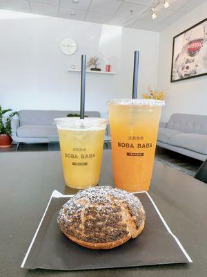 Sesame creme puff, pina cola-cha and peach Fresca