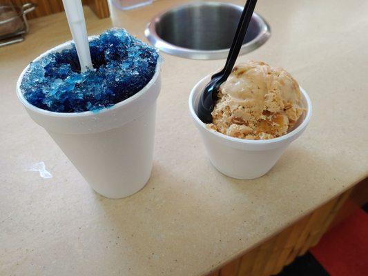 Small blueberry sno-ball and peanut butter ice cream