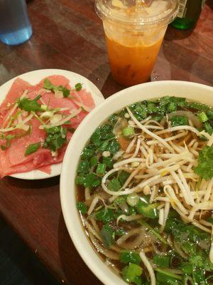 Pho Tai (#16), meat on the side with Thai Iced Tea