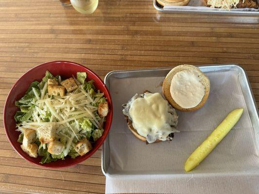 "Side" Caesar salad with the shaved roast beef sandwich with Provolone cheese.