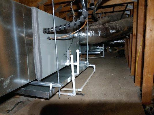 New hanging system and drain pans on these attic installs. 16 seer Trane heat pump air handlers