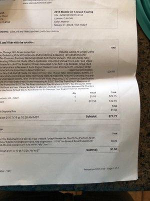 This receipt shows clearly a total charge of $77.77 for synthetic oil.