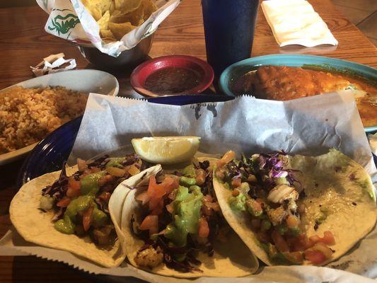 Mexican rice, shrimp tacos and poblano chili!