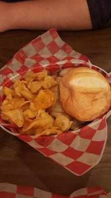 The Snowman burger and side of kettle chips