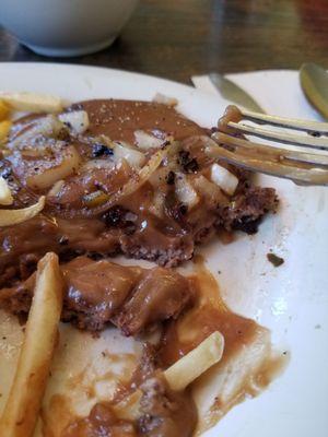 Hamburger steak with brown gravy or aka frozen cheap patty, frozen fries, & canned corn, chips from a box served with pace picante sauce.