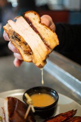 Roasted Turkey Dip:
 Stuffing, Cranberry, Kale, Sweet Potato Fries