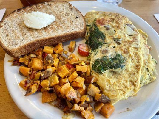 Build your own omelet, sweet potato hash, toast