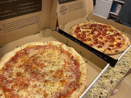 Cheese pizza and pepperoni pizza