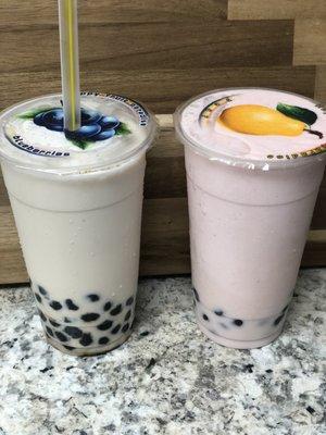 Smoothies #11 (milk tea) #1 (strawberry) with boba (tapioca balls) added