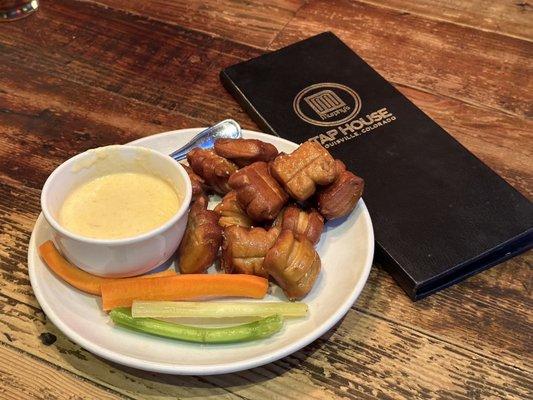 Beer cheese and pretzel bites, with slightly sad vegggies