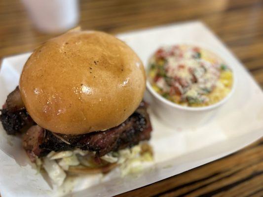 Sliced Brisket on Brioche Bun with Spicy Jalapeno cream Corn