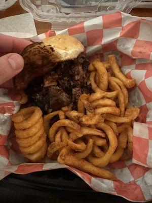 Brisket sandwich with curly fries