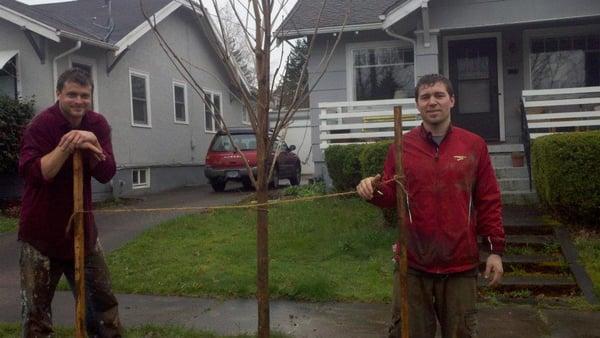 Andrew and Joel Volunteering on a rainy day with Friends of Trees 2013