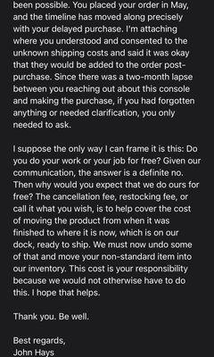 What type of business has "unknown shipping costs"? These were also never communicated on the invoice or in the purchasing flow.