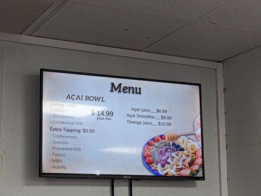 Acai bowl menu